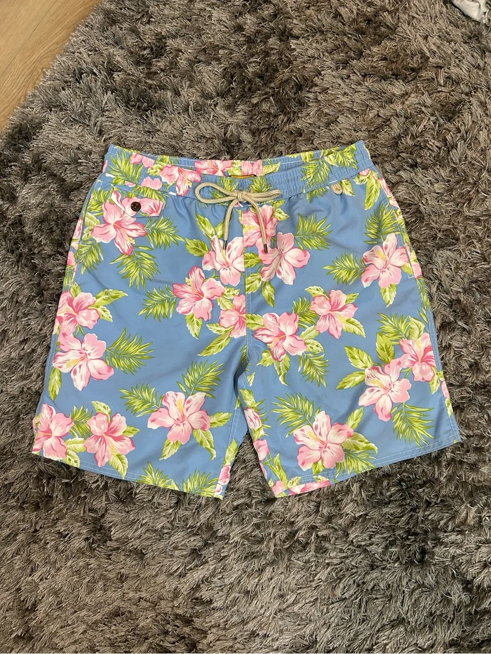 Polo Ralph Lauren Men's Blue Tropical Floral Swim Trunks with Pink Hibiscus L